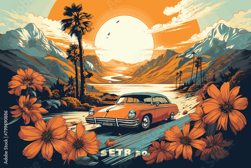 Sunset vintage retro style beach surf poster vector 