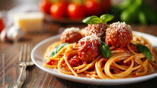 A plate of spaghetti topped with marinara sauce and meatballs, sprinkled with grated Parmesan cheese