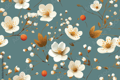 Floral botanical blackberry vines seamless repeating wallpaper pattern- serene gold and pale turquoise version , 