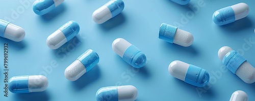 Blue-white antibiotic capsule pills and pill blister pack on blue background. Online pharmacy banner. World Health Day. Pharmaceutical industry. Prescription drugs. Antibiotic drug, Generative AI