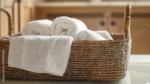 A basket filled with plush towels and comfy slippers sits nearby inviting you to wrap yourself up in comfort after your spa session. 2d flat cartoon.