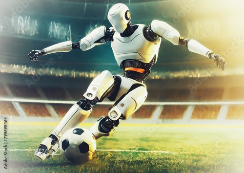 スポーツの概念でスタジアムでサッカーをする人型ロボット 