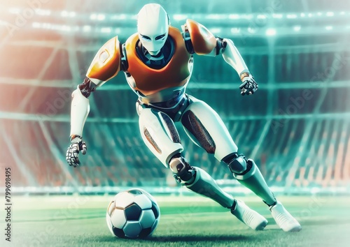 スポーツの概念でスタジアムでサッカーをする人型ロボット 