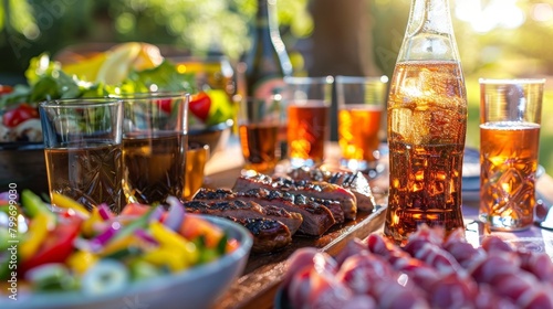 A summer BBQ spread includes a variety of flad seltzers perfect for pairing with grilled meats and fresh salads.