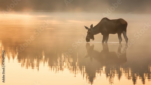 At the edge of a misty lake a moose silhouette pauses to take a drink its reflection visible in the calm water..