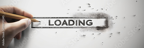 A pencil erasing part of the word 'LOADING', symbolizing interruption or delay The pencil tip touches the 'A', with eraser dust around