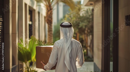 A arabic man wearing a Saudi bisht, carrying an order box, which will be sent to the customer's house.