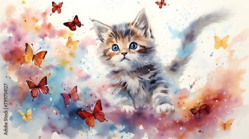 Capture a whimsical scene of a playful kitten chasing colorful butterflies in a modern watercolor style Show vibrant hues and intricate details to bring the illustration to life