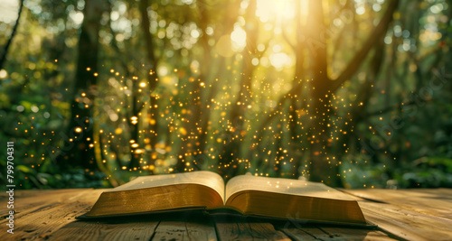 Open book with magic light bokeh on wooden table in the forest with golden sun rays and bokeh effect, natural ecological background for your product