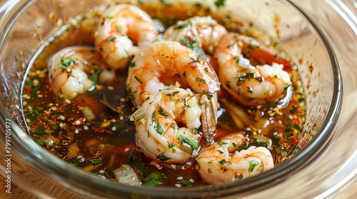 A bowl of fresh shrimp marinating in a zesty fish sauce mixture, infusing the seafood with savory umami flavors and aromatic herbs, ideal for preparing authentic Asian-inspired dishes.