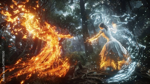 In a dark forest a fierce battle rages between two powerful beings one cloaked in fiery orange flames and the other emanating a blinding . .