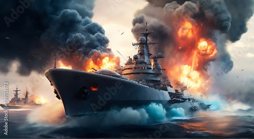 Illustration of a warship firing cannons with a tense atmosphere of war, created with generative AI