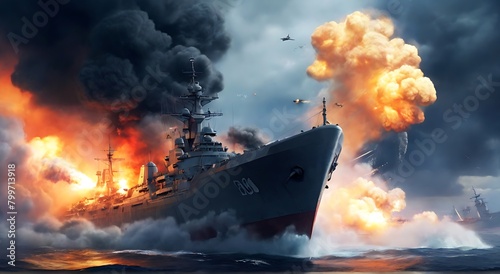 Illustration of a warship firing cannons with a tense atmosphere of war, created with generative AI