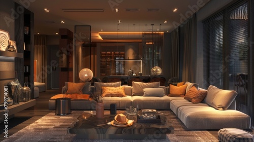 A cozy living room with plush sofas and warm lighting, inviting relaxation and leisure activities for the whole family.