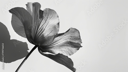 Close-up of a flower casting a delicate shadow against a white background, with the monochrome image highlighting the intricate details and contours of the petals.