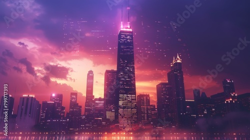 A modern skyscraper ablaze with lights, towering above the city skyline and symbolizing progress and innovation.