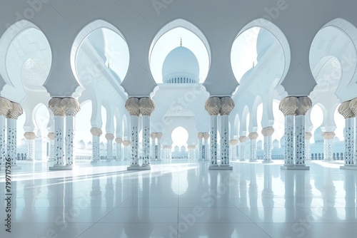 A mosque white and bright ambience. plain white background, simple and minimalistic