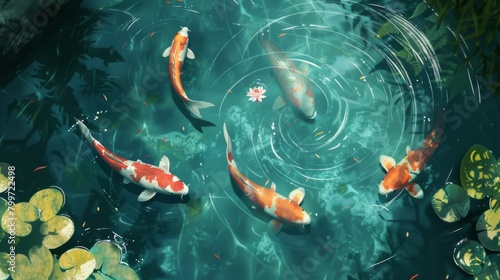 A serene water feature with playful koi fish swimming gracefully beneath the surface, symbolizing prosperity and good fortune.