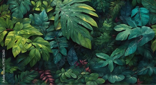 botanical background, with typical rainforest leaves, invitation, wallpaper, make with AI generative