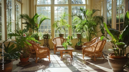 A sunlit conservatory with rattan furniture and potted plants, offering a serene spot for relaxation and contemplation.