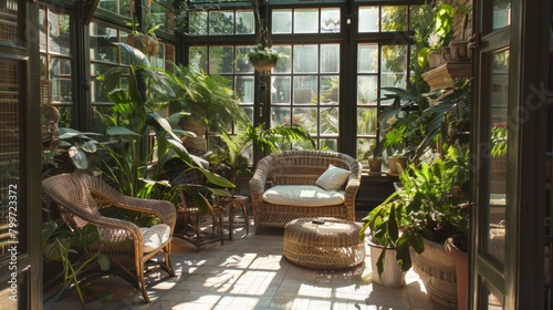 A sunlit conservatory with rattan furniture and potted plants, offering a serene spot for relaxation and contemplation.