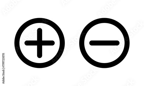 Plus minus black round outline icons. Positive and negative symbols.