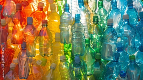 A vibrant array of plastic water bottles glistening under the sun, a symbol of hydration and sustainability.