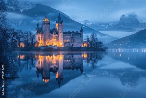 A medieval castle illuminated against a dusky sky, with its reflection mirrored perfectly in the glassy waters of the adjacent lake.