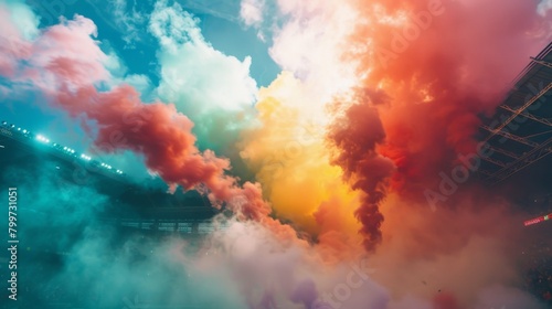 Colorful smoke from a smoke bomb engulfing a sports stadium during a thrilling halftime show, creating an electrifying atmosphere.