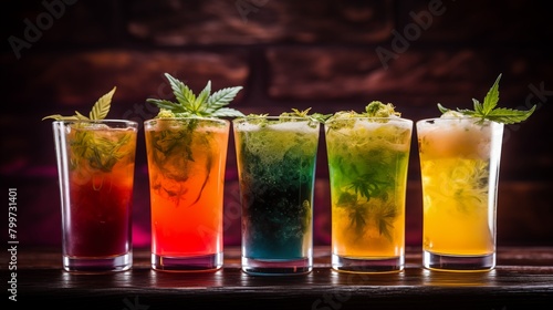 Assorted cannabis-infused beverages, offering diverse flavors for consumption and enjoyment, catering to a wide range of preferences and tastes. 