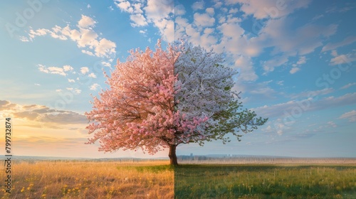 A time-lapse style image showing the transition of a cherry blossom tree from dawn to dusk, AI Generative