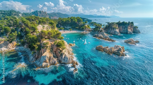 Aerial Costa Brava, rugged beaches and azure waves, rocky shores caressed by surf, vibrant, wide banner, AI Generative