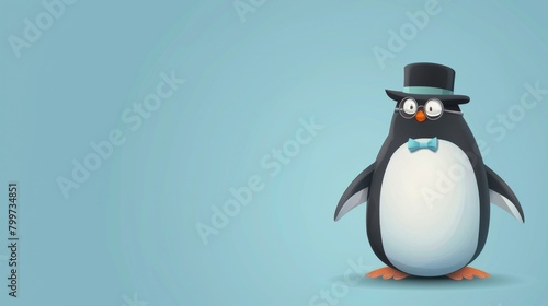 A cute minimalist cartoon of a penguin with a bowler hat and glasses on a soft ice blue pastel background