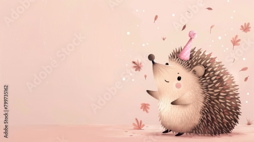 A cute cartoon illustration of a baby hedgehog wearing a pink birthday hat.