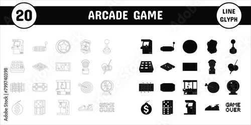 Arcade Game Line Glyph Vector Illustration Icon Sticker Set Design Materials
