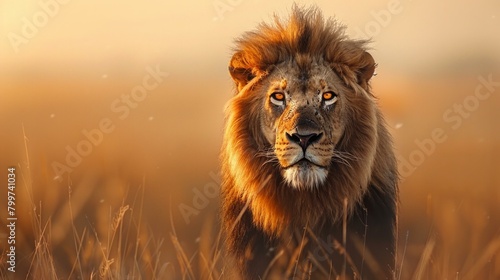Intense portrait of a lion, eyes piercing through the savannah's haze, the king of beasts captured in a moment of contemplative silence, AI Generative
