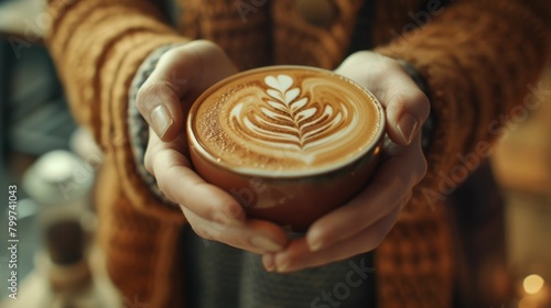 The close up picture of the person is holding the cup of latte art coffee by their own hand inside the room for the relaxation with the coffee that has been draw on the surface with the milk. AIG43.