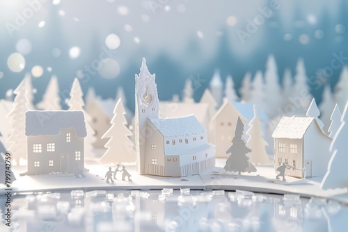 A quaint paper art village blanketed in white, with tiny cutout figures skating on a shimmering frozen pond, paper art style concept