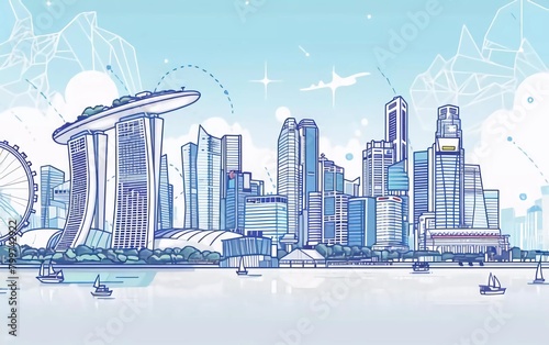  Singapore city linear banner. All buildings - different objects are adjusted to the background content