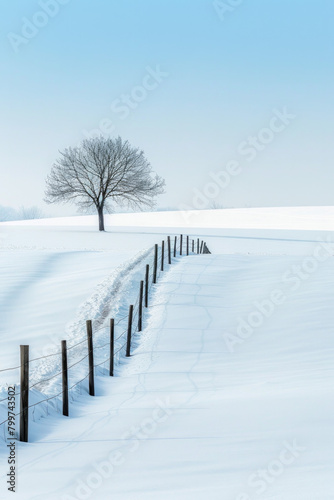 A minimalist winter landscape featuring a vast expanse of snow-covered fields stretching to the horizon, with the uniform blanket of snow interrupted 