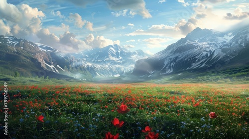 An expansive panorama of the valley shows the delicate interplay of light and color as flowers blanket the earth, Sharpen realistic cinematic color high detail landscape background