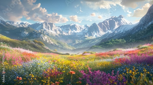 An expansive panorama of the valley shows the delicate interplay of light and color as flowers blanket the earth, Sharpen realistic cinematic color high detail landscape background