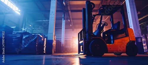 A forklift driver was driving inside the warehouse at night, illuminated by bright lights, with an orange and blue color scheme