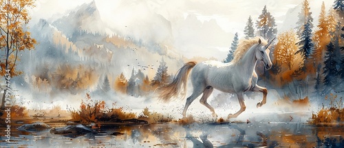 A whimsical unicorn galloping through a magical forest glade.watercolor storybook illustration