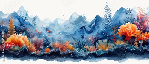 A fantastical underwater world inhabited by mermaids and mythical sea creatures.watercolor storybook illustration
