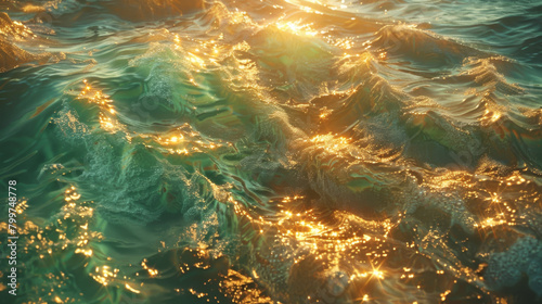 Surface water waves of sea with golden light tone, texture of glitter water and soft waves with sun glare and ripple.
