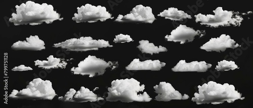 An array of white clouds in various shapes on a stark black background