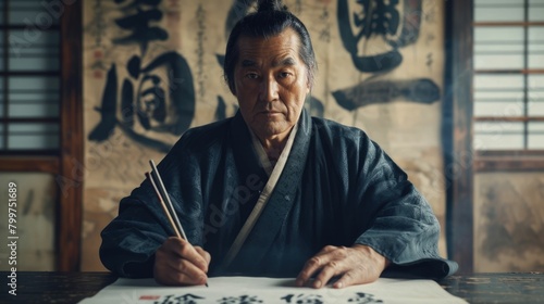 The picture of the calligrapher working inside the building, the calligrapher's work is to use brush and writing text on the paper, this job require skills like brushwork skill and patience. AIG43.