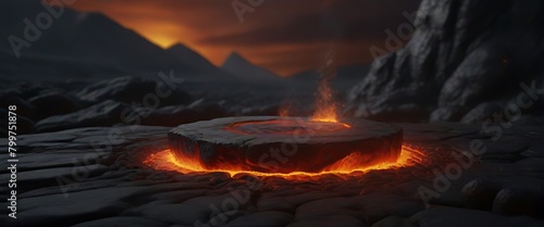 3D render Platform and natural Podium lava rocks smelt on volcano with magma and lava erupt for product display, Blank showcase, mock up template presentation or etc
