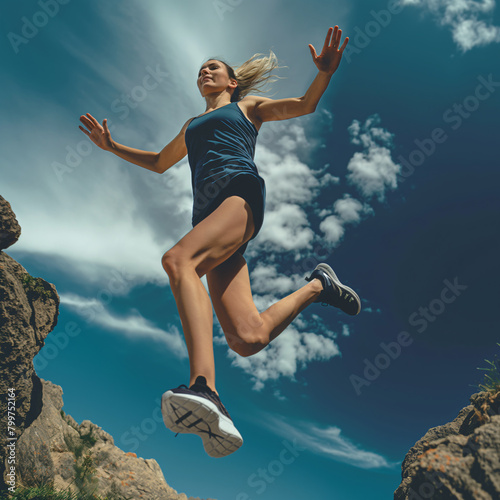 A woman in sportswear is jumping high